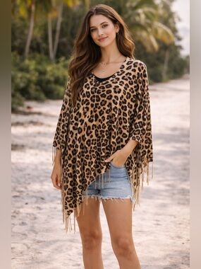Chicos Lace-Up Animal-Print Fringe Poncho - One Size